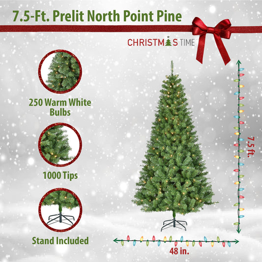 Christmas Time - 7.5 Ft. North Point Pine Christmas Tree with Warm White LED Lights
