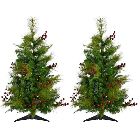 Christmas Time - Set of Two 2-Ft. Red Berry Mixed Pine Artificial Trees with Battery-Operated Multi-Colored LED String Lights