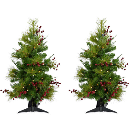 Christmas Time - Set of Two 3-Ft. Red Berry Mixed Pine Artificial Trees with Battery-Operated LED String Lights