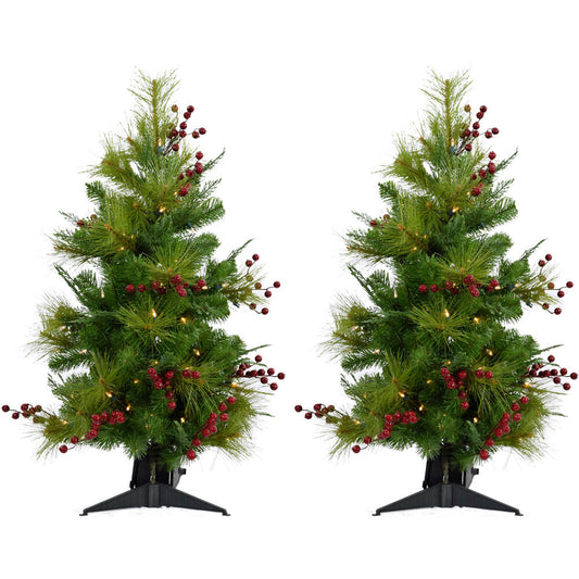 Christmas Time - Set of Two 4-Ft. Red Berry Mixed Pine Artificial Trees with LED String Lights