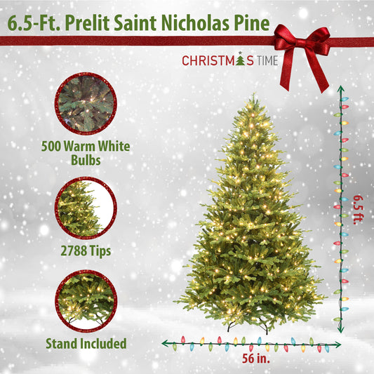 Christmas Time - 6.5-Ft. Saint Nicholas Pine Christmas Tree with Warm White LED Lights