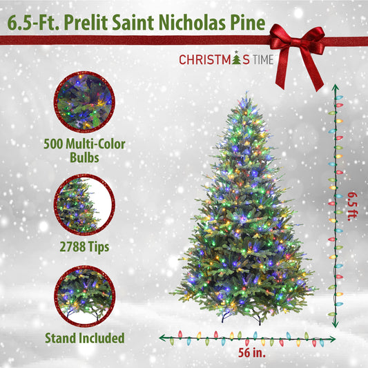 Christmas Time - 6.5-Ft. Saint Nicholas Pine Christmas Tree with Multi-Color LED Lights
