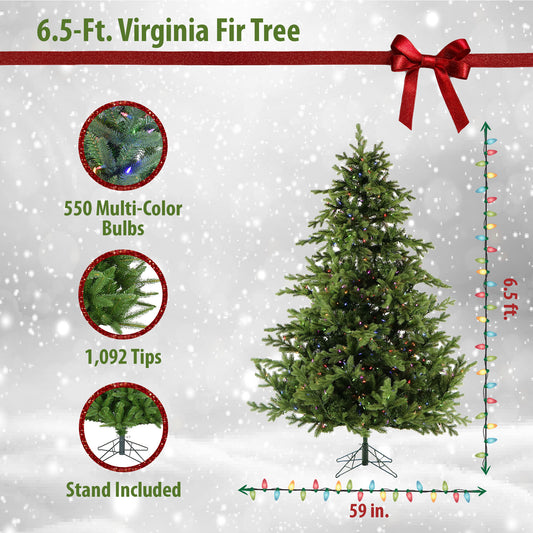 Christmas Time - 6.5-Ft. Virginia Fir Christmas Tree with Multi-Color LED String Lighting