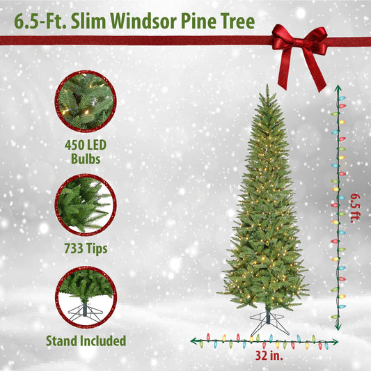 Christmas Time - 6.5 Ft. Windsor Pine Slim Artificial Christmas Tree with Warm White LED Lights