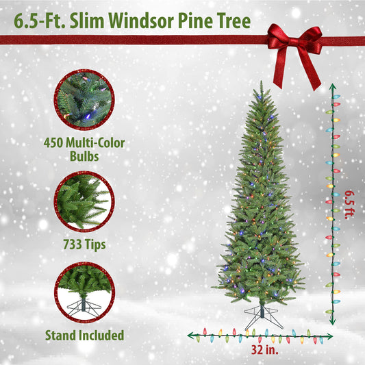 Christmas Time - 6.5 Ft. Windsor Pine Slim Artificial Christmas Tree with Multi-Color LED Lights