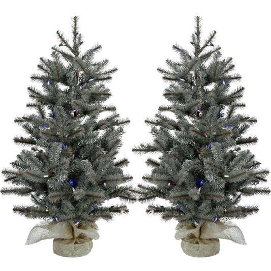 Christmas Time - Set of Two 2-Ft. Yardville Pine Artificial Porch Trees with Burlap Bases and Battery-Operated Multi-Colored LED String Lights
