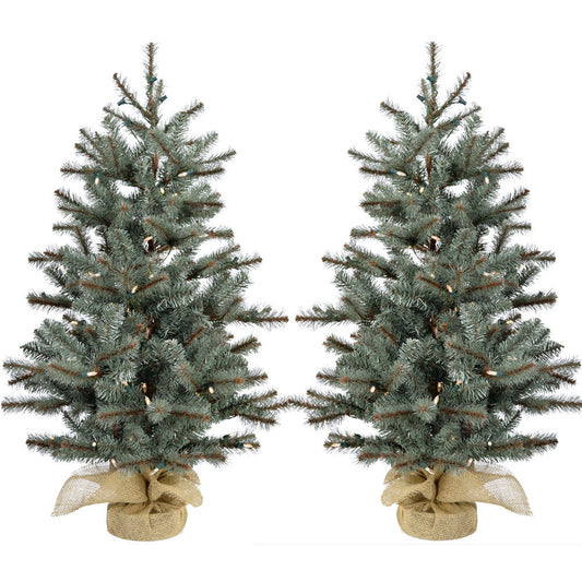 Christmas Time - Set of Two 3-Ft. Yardville Pine Artificial Porch Trees with Rustic Burlap Bases and LED String Lights