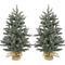 Christmas Time - Set of Two 3-Ft. Yardville Pine Artificial Porch Trees with Rustic Burlap Bases and LED String Lights