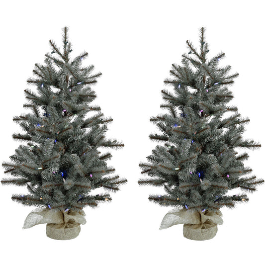 Christmas Time - Set of Two 4-Ft. Yardville Pine Artificial Trees with Burlap Bases and Multi-Colored LED String Lights