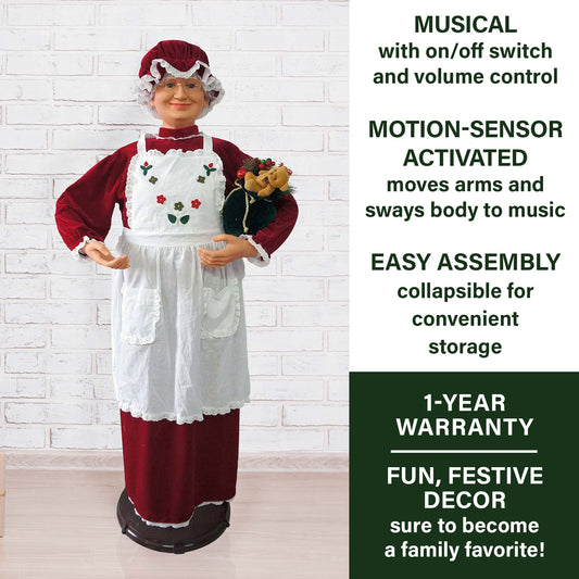 Fraser Hill Farm - 58-In. Dancing Mrs. Claus with Apron, Life-Size Motion-Activated Christmas Animatronic