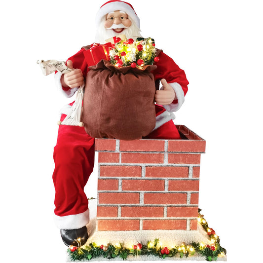 Fraser Hill Farm - 48-In. Life-Size Santa in Chimney with Toy Sack and Lights, Motion-Activated Christmas Animatronic