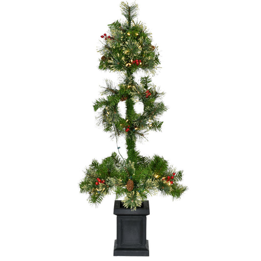 Fraser Hill Farm - 4-Ft. Porch Tree Topiary in Black Pot with Pinecones, Berries, and Warm White LED Lights