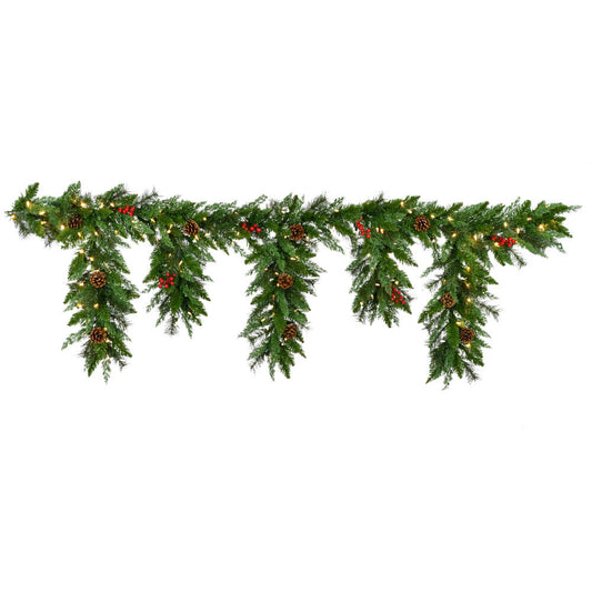 Fraser Hill Farm - 6-Ft. Icicle Garland with Pinecones, Red Berries, and Warm White LED Lights
