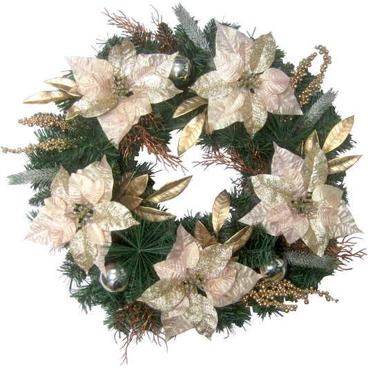 Fraser Hill Farm - 24-in. Christmas Wreath with Poinsettias, Ornaments and Gold Berries
