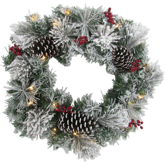 Fraser Hill Farm - 24-in. Christmas Prelit Snow Covered Wreath with Pinecones and Berries