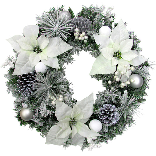 Fraser Hill Farm - 24-in. Christmas Frost Covered Wreath with White Poinsettia Blooms, Ornaments and Pinecones