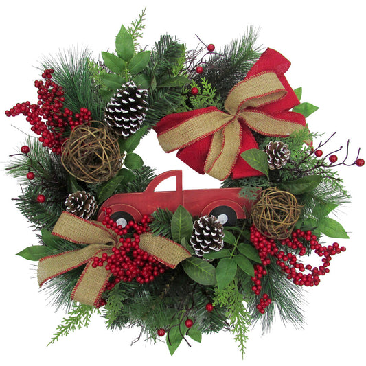 Fraser Hill Farm - 24-in. Christmas Wreath with Pinecones, Burlap Bows and Wooden Truck Decoration