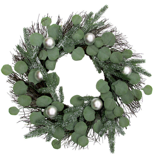 Fraser Hill Farm - 24-in. Christmas Eucalyptus Wreath with Ornaments and Frosted Pine Branches