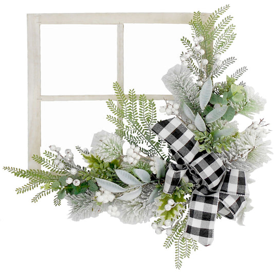 Fraser Hill Farm - 24-in. Square Window Frame Door Hanging with Greenery and Plaid Bow