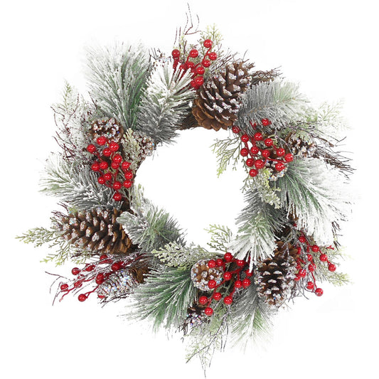 Fraser Hill Farm - 24-In. Frosted Pine Wreath with Red Berries and Pinecones