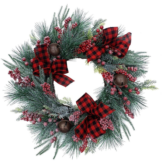 Fraser Hill Farm - 24-In. Frosted Wreath with Red Berries, Plaid Bows, and Rustic Sleigh Bells