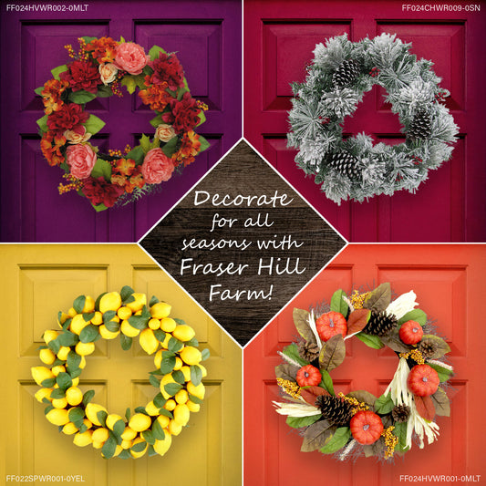 Fraser Hill Farm - 24-In. Frosted Wreath with Red Berries, Plaid Bows, and Rustic Sleigh Bells