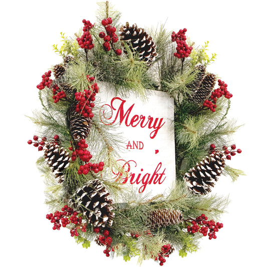 Fraser Hill Farm - 26-Inch Frosted Wreath with Pinecones, Red Berries, and Merry Christmas Sign