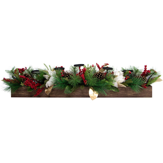 Fraser Hill Farm - 42-inch 5-Candle Holder Holiday Centerpiece with Pine, Red Berries and Gold Leaf Accents in Wooden Box