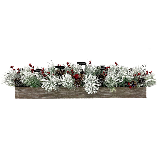 Fraser Hill Farm - 42-inch 5-Candle Holder Holiday Centerpiece with Frosted Pine Branches, Red Berries and Pinecones in Rustic, Wooden Box