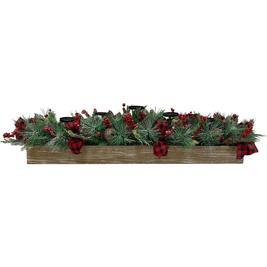 Fraser Hill Farm - 42-inch 5-Candle Holder Holiday Centerpiece with Frosted Pine Branches, Red Berries, Plaid Bows and Bells in Wooden Box