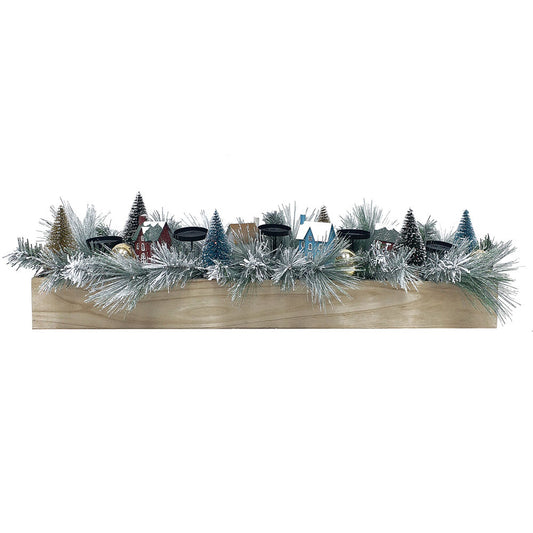 Fraser Hill Farm - 42-inch 5-Candle Holder Holiday Centerpiece with Frosted Pine Branches, Bottlebrush Trees and Houses in Wooden Box
