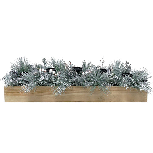 Fraser Hill Farm - 42-inch 5-Candle Holder Holiday Centerpiece with Frosted Pine Branches, White Berries and Ornament Balls in Wooden Box