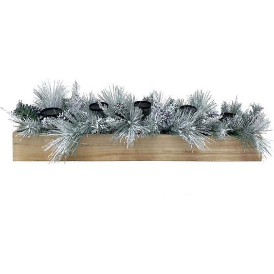 Fraser Hill Farm - 42-inch 5-Candle Holder Holiday Centerpiece with Frosted Pine Branches and Pinecones in Wooden Box