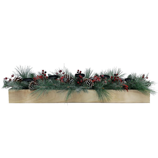 Fraser Hill Farm - 42-inch 5-Candle Holder Holiday Centerpiece with Frosted Pine Branches, Red Berries, Plaid Bows and Pinecones in Wooden Box