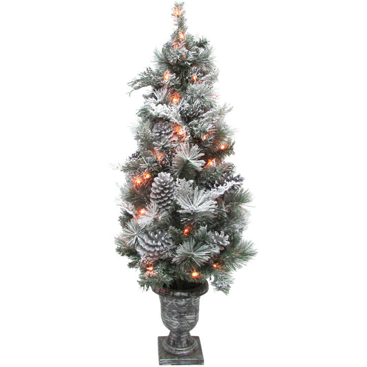 Fraser Hill Farm - 4-Ft. Prelit Christmas Snow Flocked Porch Tree with Oversized Pinecones