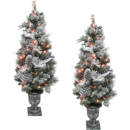 Fraser Hill Farm - 4-Ft. Christmas Pre Lit Snow Flocked Porch Trees with Oversized Pinecones, Set of 2