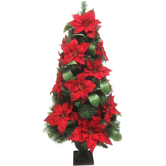 Fraser Hill Farm - 4-Ft. Christmas Porch Tree with Velvet Poinsettia Blooms and Leaf Accents