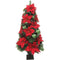 Fraser Hill Farm - 4-Ft. Pre Lit Christmas Porch Tree with Velvet Poinsettia Blooms and Leaf Accents