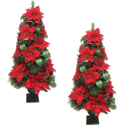 Fraser Hill Farm - 4-Ft. Pre Lit Christmas Porch Tree, Velvet Poinsettia Blooms & Leaf Accents, Set of 2