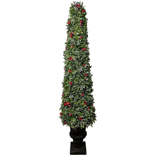 Fraser Hill Farm - 4-Ft. Faux Boxwood Christmas Porch Tree with Red Berries in Ornamental Pot