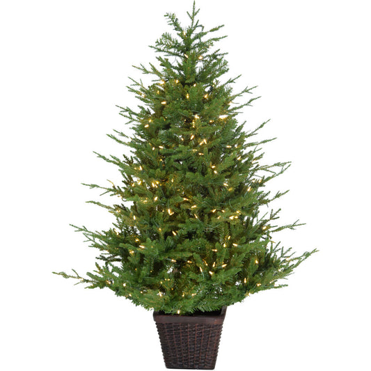 Fraser Hill Farm - 5.0-Ft Adirondack Pre Lit Potted Christmas Tree Decor with Warm White LED Lights