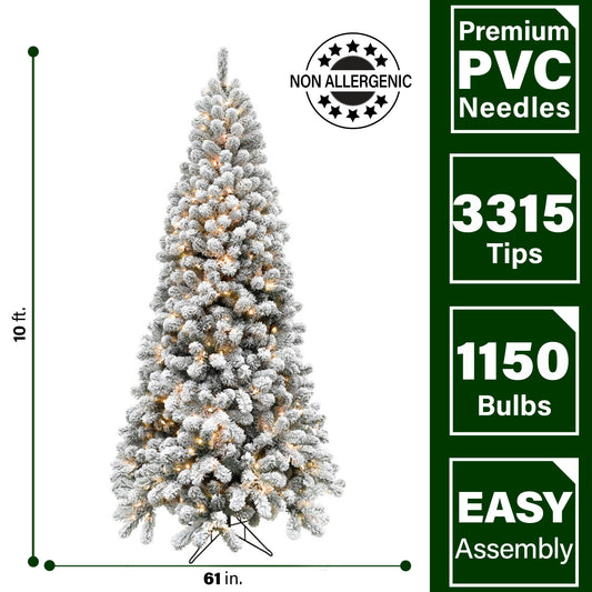 Fraser Hill Farm - 10-Ft. Flocked Alaskan Pine Christmas Tree with Smart String Lighting