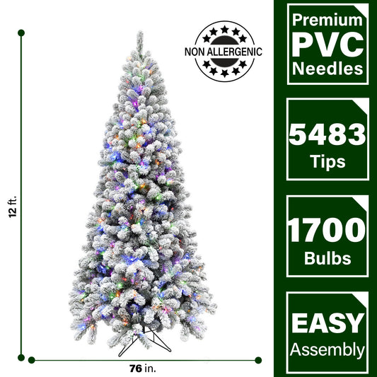 Fraser Hill Farm - 12-Ft. Flocked Alaskan Pine Christmas Tree with Multi-Color LED String Lighting