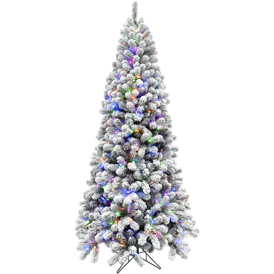 Fraser Hill Farm - 6.5-Ft. Flocked Alaskan Pine Christmas Tree with Multi-Color LED String Lighting