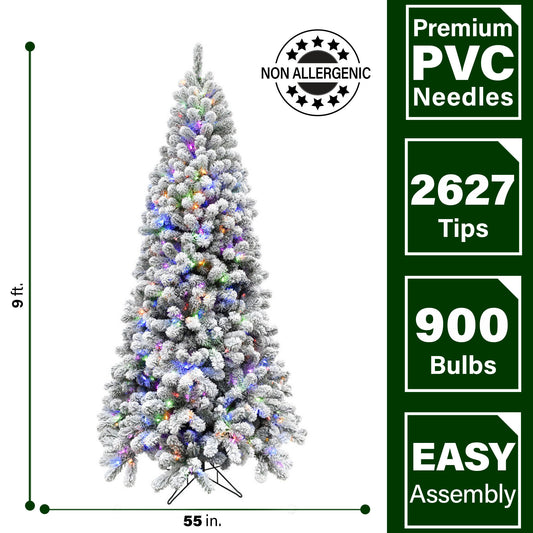 Fraser Hill Farm - 9-Ft. Flocked Alaskan Pine Christmas Tree with Multi-Color LED String Lighting