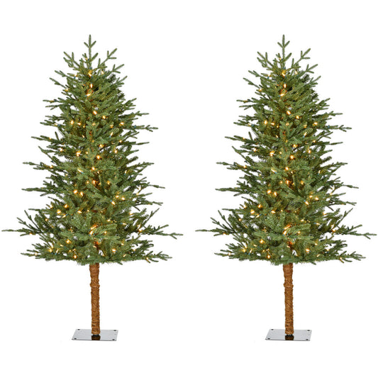 Fraser Hill Farm - 5-Ft. Green Alpine Porch Accent Tree with Warm White LED Lights, Set of 2