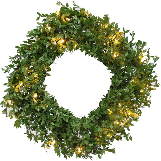 Fraser Hill Farm - 24-In. Boxwood Green Square Wreath with Warm White LED Lights, Christmas or All-Season Decor for Door or Wall