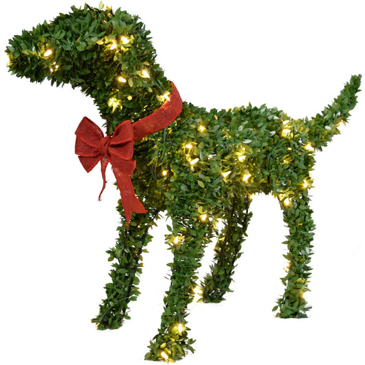 Fraser Hill Farm - 28-inch Boxwood Pup Topiary Statue with Warm White LED Lights
