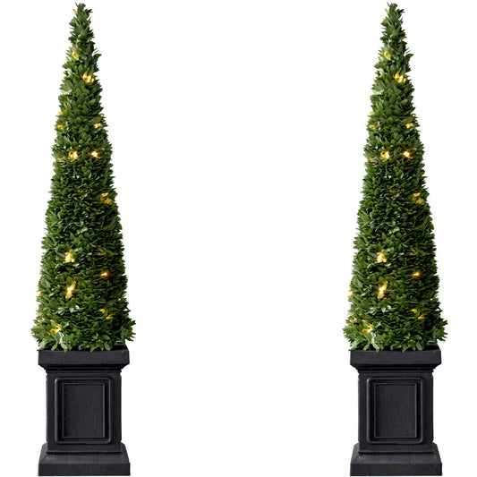 Fraser Hill Farm - Set of Two 40-inch Boxwood Topiary Cones with Square Pots and Clear LED Lights