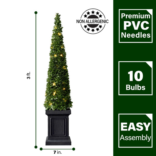 Fraser Hill Farm - Set of Two 40-inch Boxwood Topiary Cones with Square Pots and Clear LED Lights